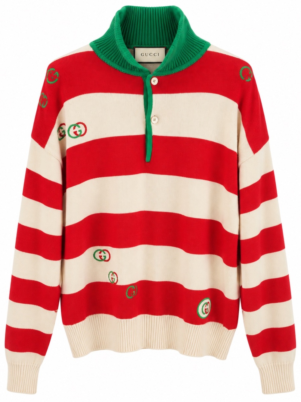 🚩steal Gucci Men's Red & Cream Striped Knit Sweater with Green Collar